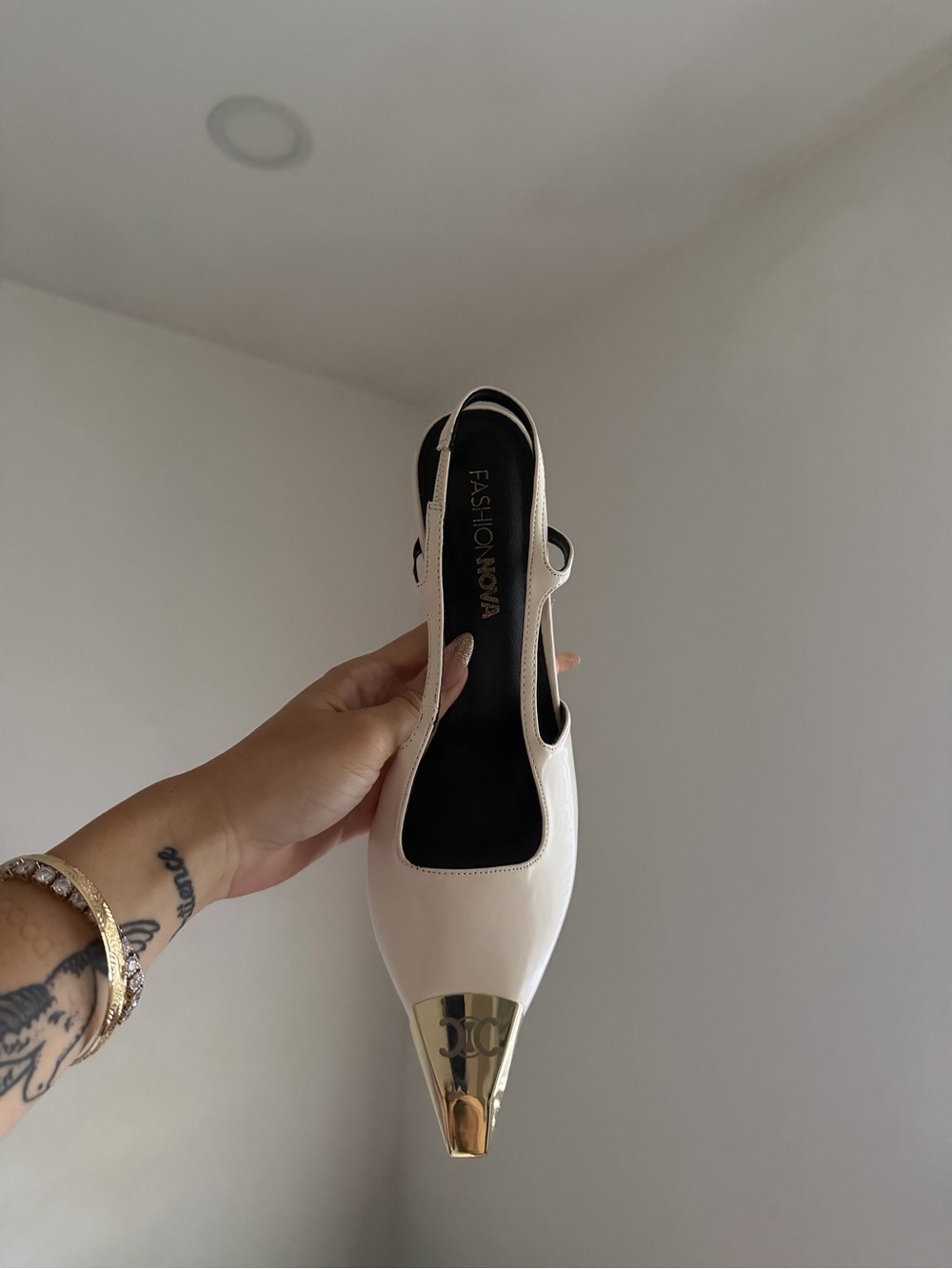 Fashion Nova Cream Slingback Pump with Gold Cap Toe